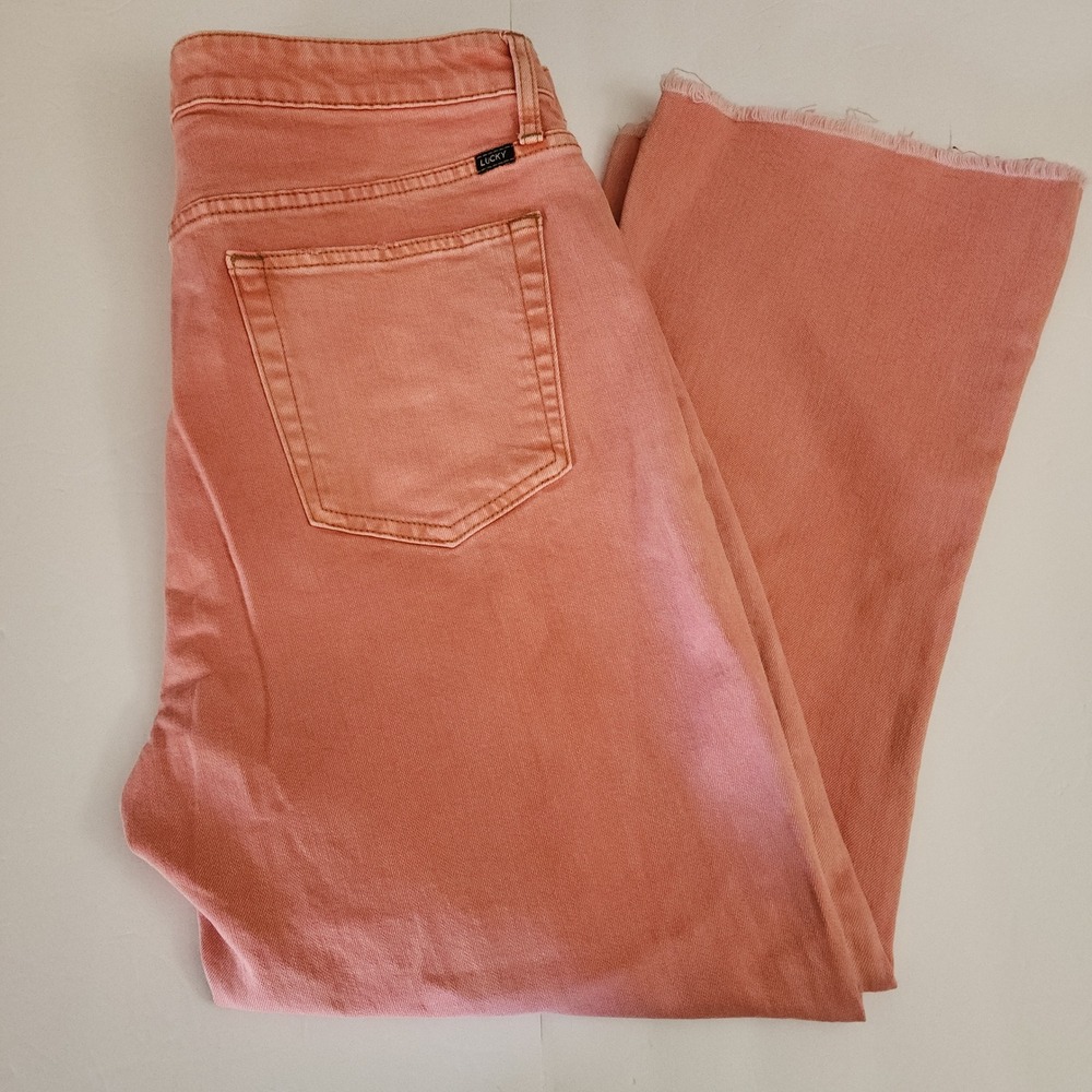 D94 Lucky Brand Bridgette‎ Mini Boot Jeans Salmon Pink Raw Hem Size 14/32 Womens